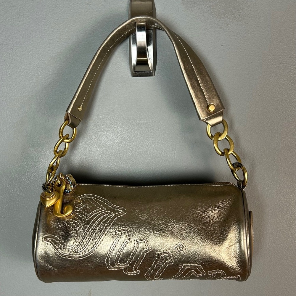 Y2K Juicy Couture Leather Mini Barrel Bag Baguet Bronze Metallic Charms 2005 NWT